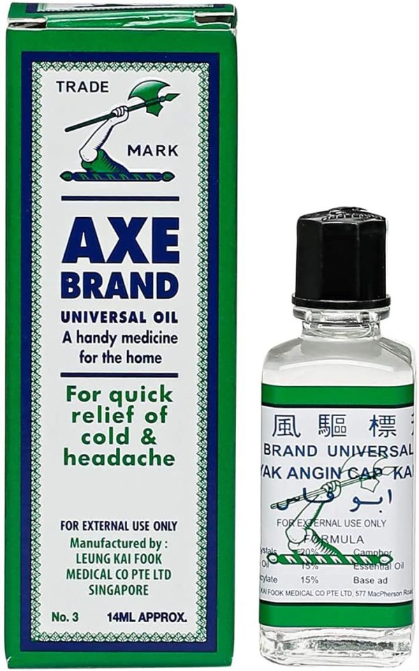 Label for Axe Brand Universal Oil, 10ml, for instant relief from pain, cold, and headaches.
