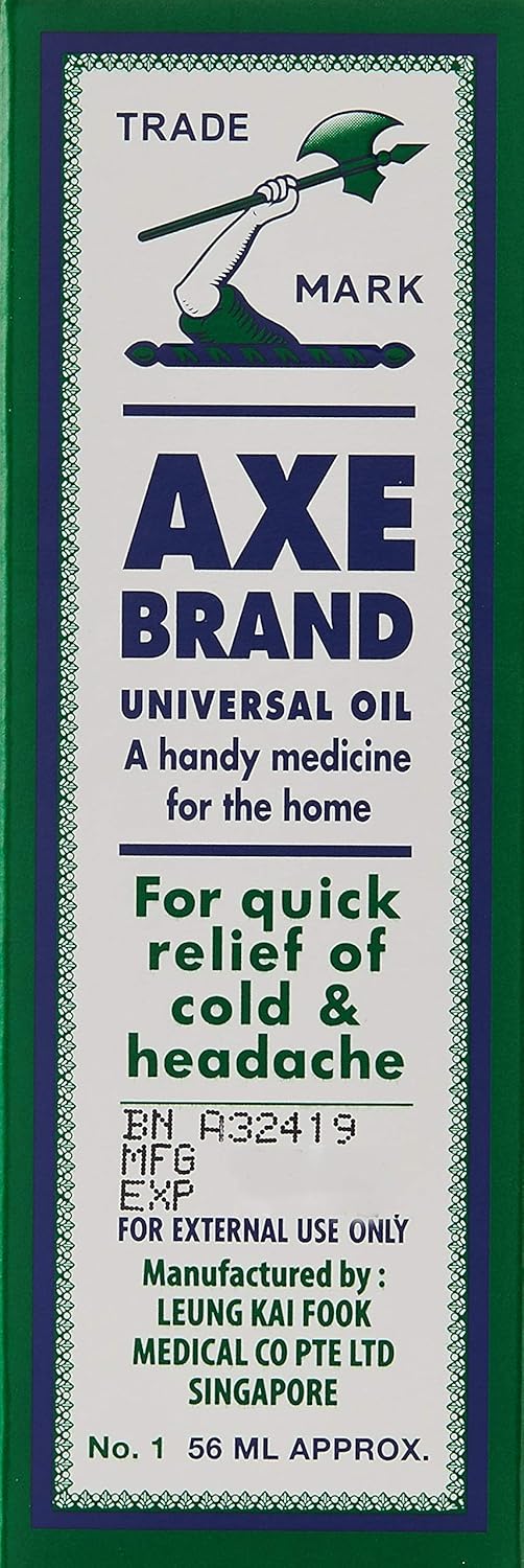 Label for Axe Brand Universal Oil, 56 ml, for instant relief from pain, cold, and headaches.