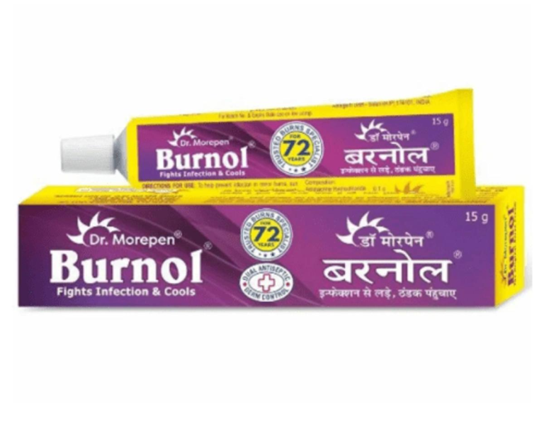 Burrol Cream featuring Indian herbs, alongside Burnol ointment for infection relief, 15 gm packaging shown.