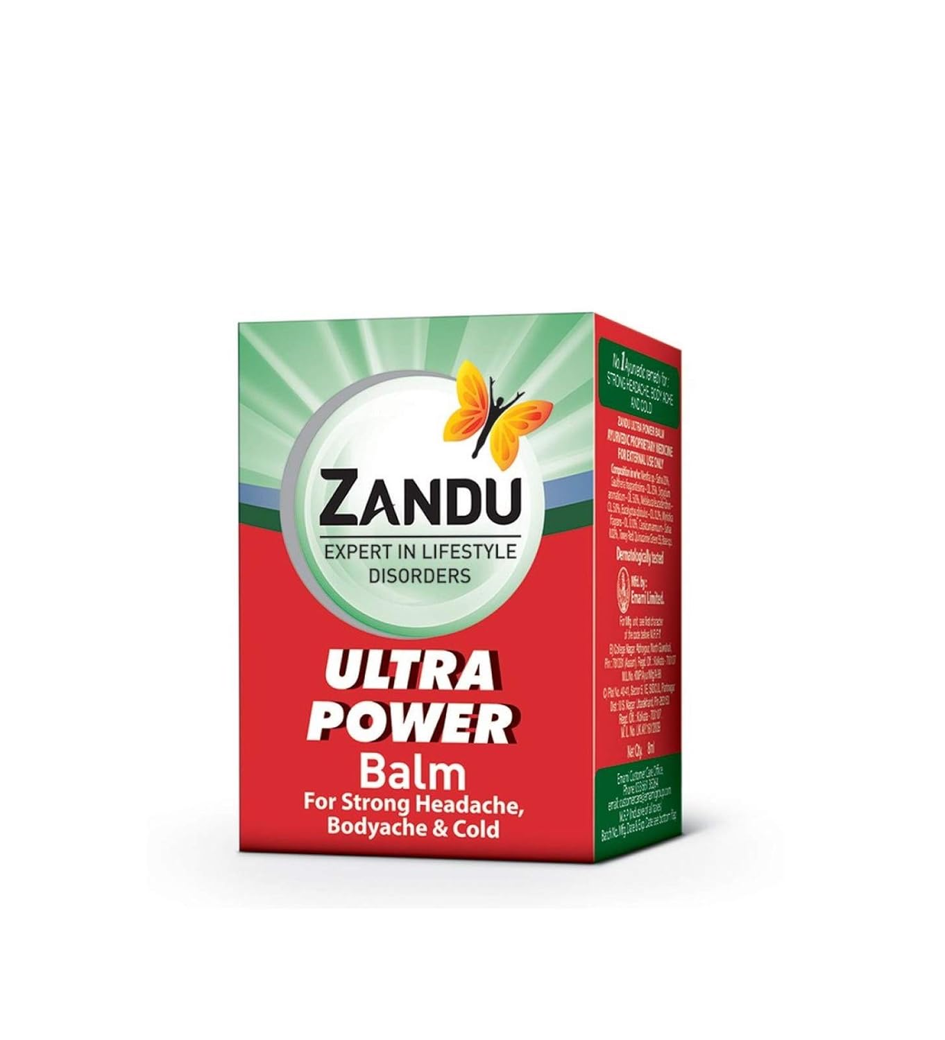413 (1) Zandu Balm Ultra 8ml packaging, featuring a vibrant design, showcasing its use for soothing muscle and joint pain relief.