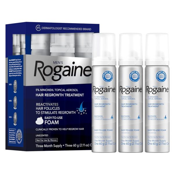 Rogaine Men Minoxidil Hair Regrowth foam 5% in a 3-pack, each 60 ML, designed for effective hair regrowth treatment.