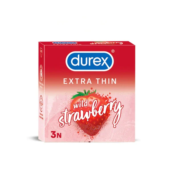 Durex Extra Thin Wild Strawberry condoms, 3-pack, featuring a fruity scent for enhanced intimacy.
