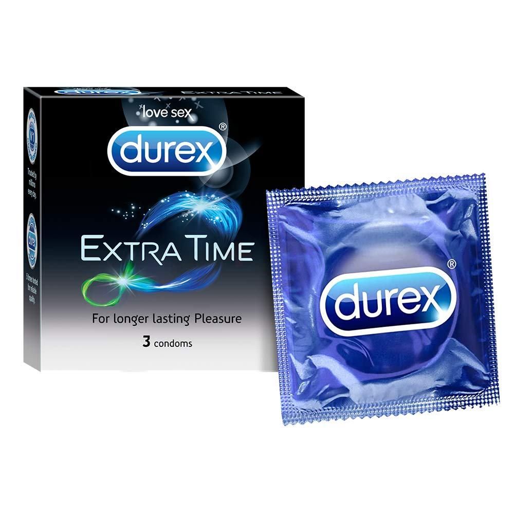Durex Extra Time condoms in blue packaging, featuring a pack of three for extended pleasure.