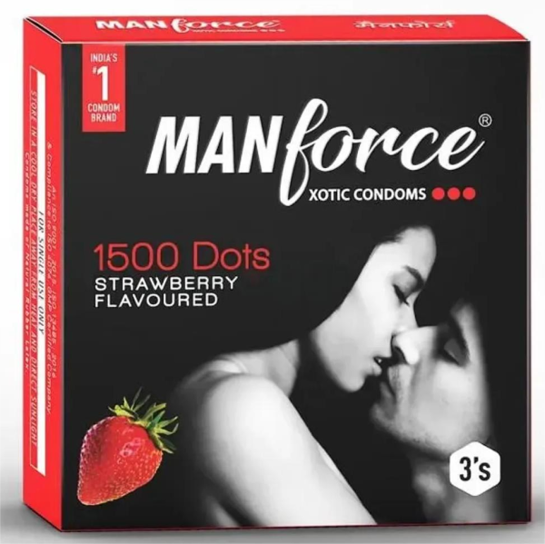 Manforce strawberry flavored condoms, 1500 dots, pack of 3, designed for enhanced pleasure and safety.