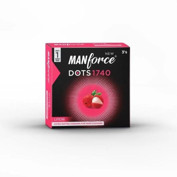 Manforce Dots 120 pack of litchi-flavored condoms, featuring three pieces per pack for enhanced pleasure and protection.