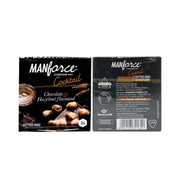 Manforce chocolate and hazelnut flavored condom pack, featuring three pieces in a colorful wrapper.