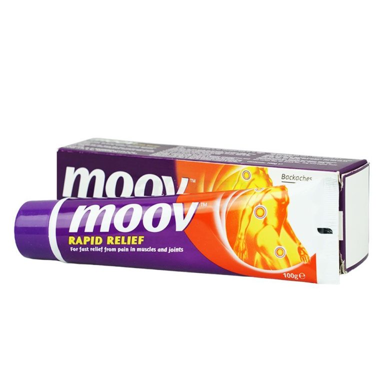 Moov Pain Relief cream in orange, 100ml, displayed alongside Moov Pain Relief Cream, 100g.