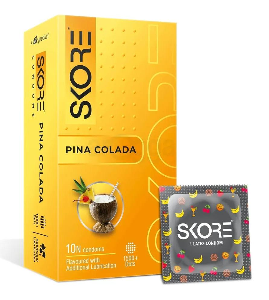 426 (1) Skore Pina Colada flavored condoms with extra lubrication, 10-piece pack, designed for enhanced pleasure and enjoyment.