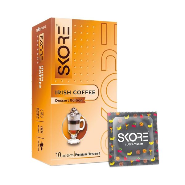 Instant coffee packets labeled "Skore Irish Coffee" with a pack of 10, featuring a unique lubrication flavor.