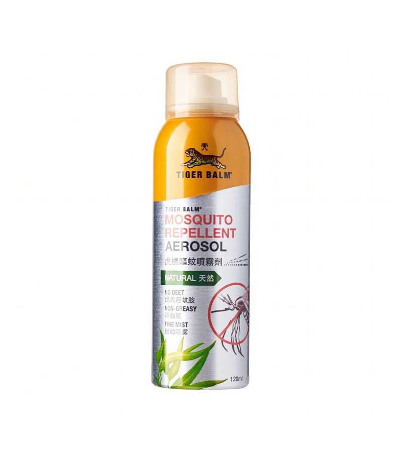 Tiger Balm mosquito repellent aerosol spray, 120 ml, featuring a blue design for effective insect protection.