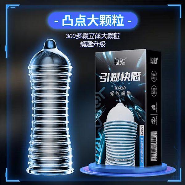 Package of Yommee Explosive Pleasure Thread Creep Condom (10 pcs) featuring a distinctive blue light design.