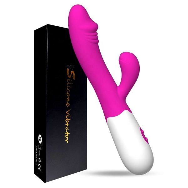 A pink and white USB rechargeable rabbit vibrator designed for women, featuring a rabbit-shaped attachment.