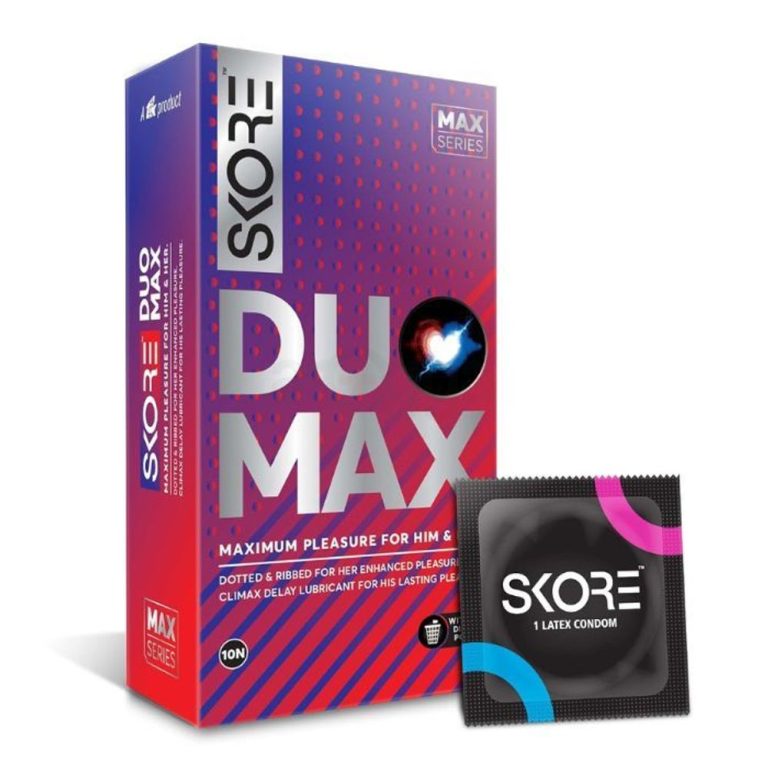 Skore Duo Max condoms package featuring 10 pieces, designed for enhanced pleasure and protection.