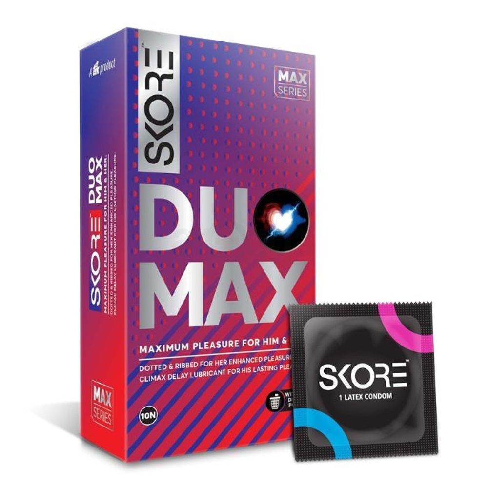 44 Skore Duo Max condoms package featuring 10 pieces, designed for enhanced pleasure and protection.