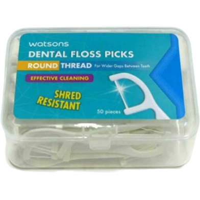 Watsons Round Thread Dental Floss Picks, 50 pieces, designed for effective dental hygiene and easy use.