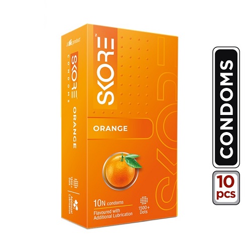 Skore orange flavored condoms, 10 count pack, designed for enhanced pleasure and safety during intimate moments.