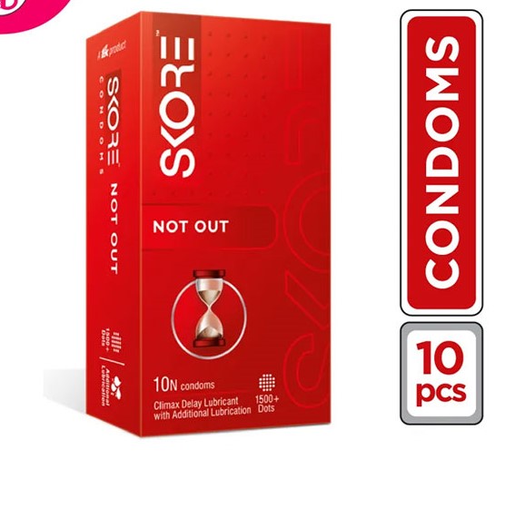 Skore Not Out condoms, 10-pack, featuring a sleek design and reliable protection for safe intimacy.