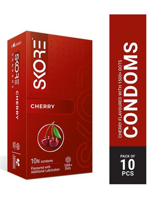 Skore Cherry flavored condoms, 10-pack, featuring 1500+ dots and extra lubrication for enhanced pleasure.