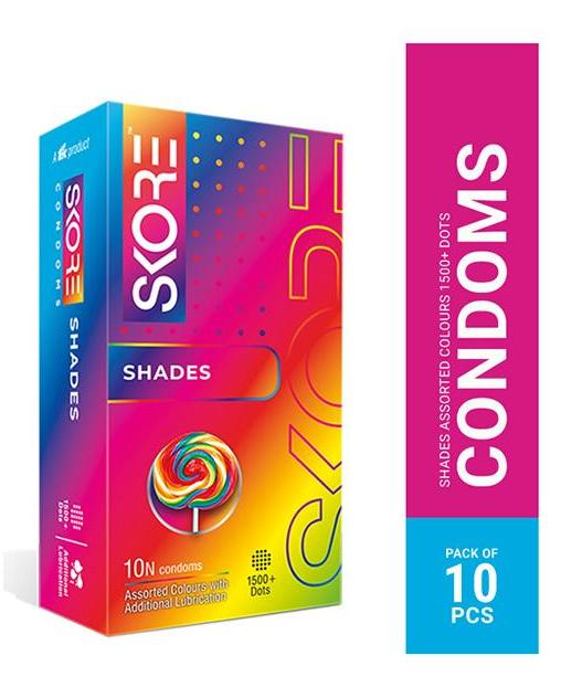 A box of 10 Skore Shades assorted color condoms, labeled "Shades," featuring a dotted texture for enhanced pleasure.