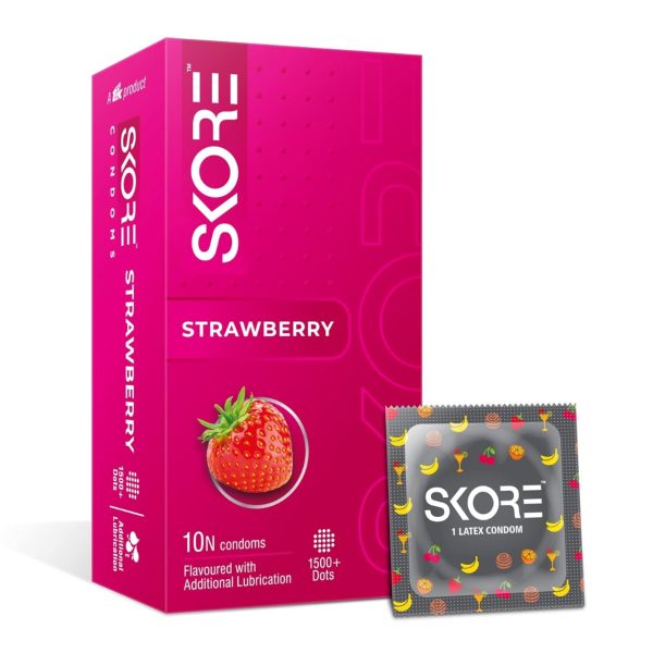 Skore Strawberry condoms pack of 10, featuring 1500+ dots and extra lubrication for enhanced pleasure.