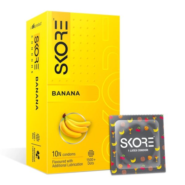 Pack of Skore Banana condoms featuring a playful skeleton design, containing 10 condoms with 1500+ dots for enhanced pleasure.