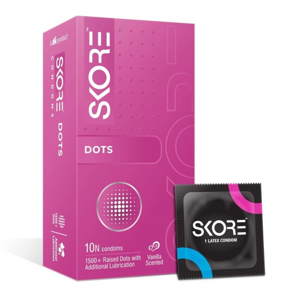 Skore Dots condoms, 10-pack, featuring textured design for enhanced pleasure and safety during intimate moments.