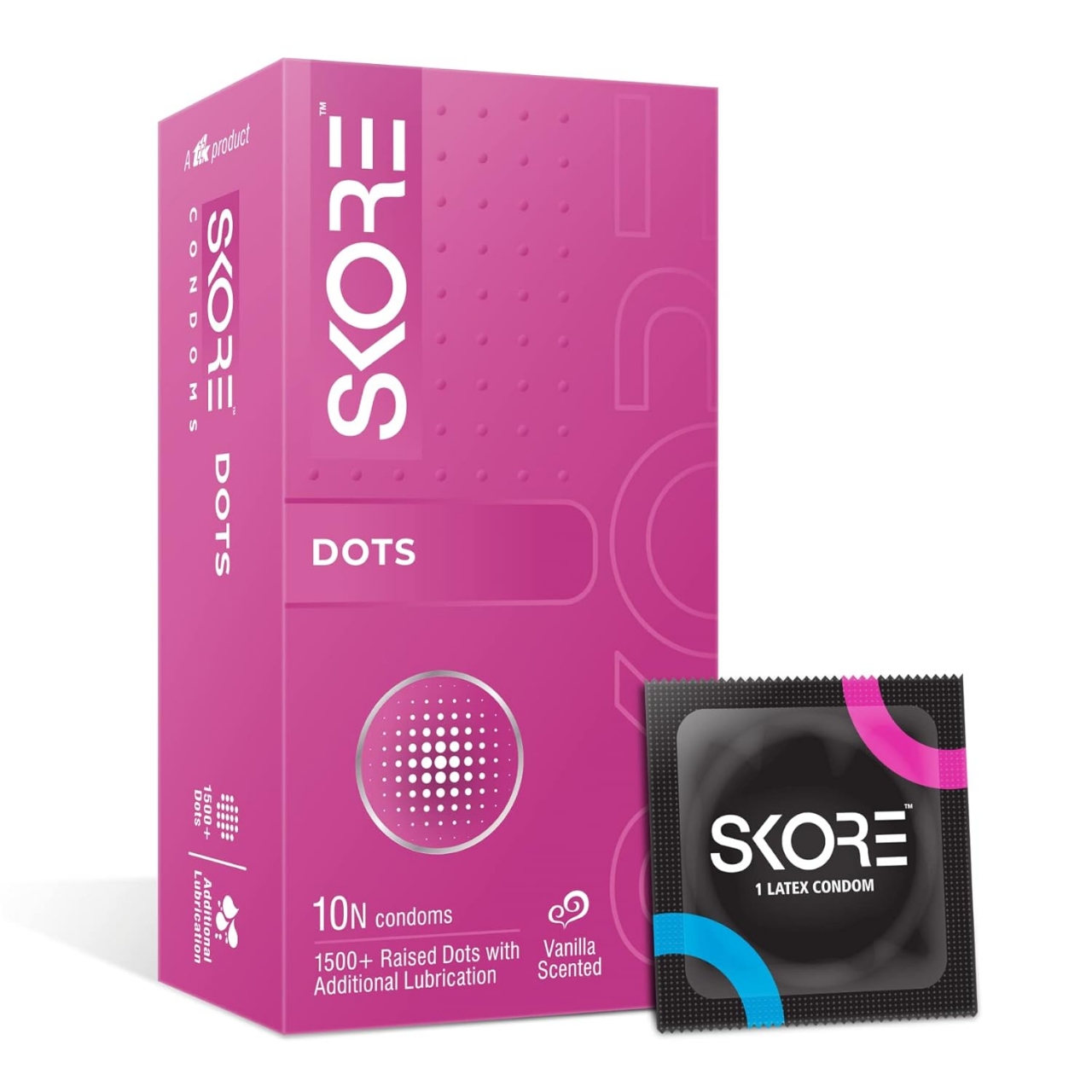 52 Skore Dots condoms, 10-pack, featuring textured design for enhanced pleasure and safety during intimate moments.