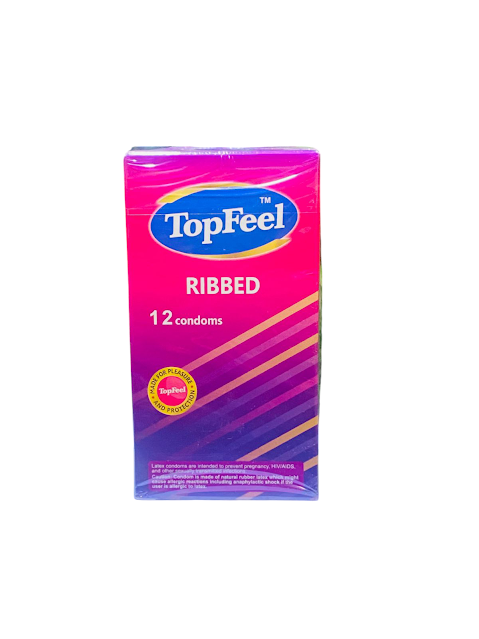 Top Feel ribbed rubber latex condoms in a 12-pack, designed for enhanced pleasure and safety during intimate moments.