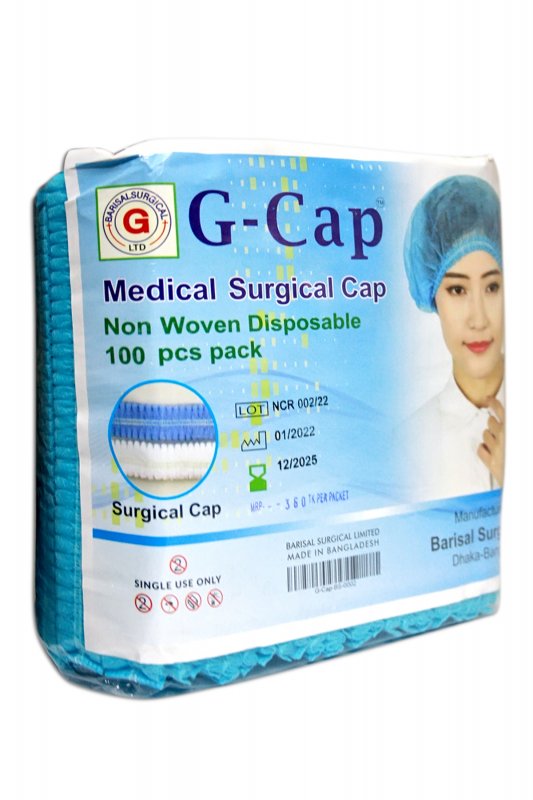 G-cap medical surgical cap, non-woven, disposable, 100 pieces per pack, designed for hygiene in medical settings.