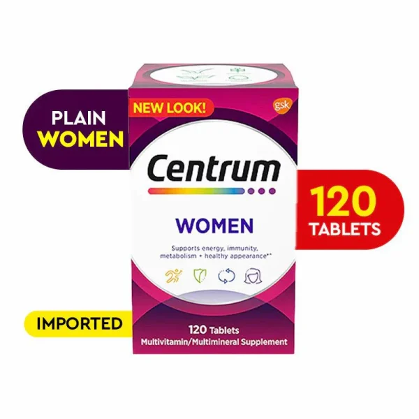 Centrum Women multivitamin supplement, 120 tablets, designed to support women's health and wellness.