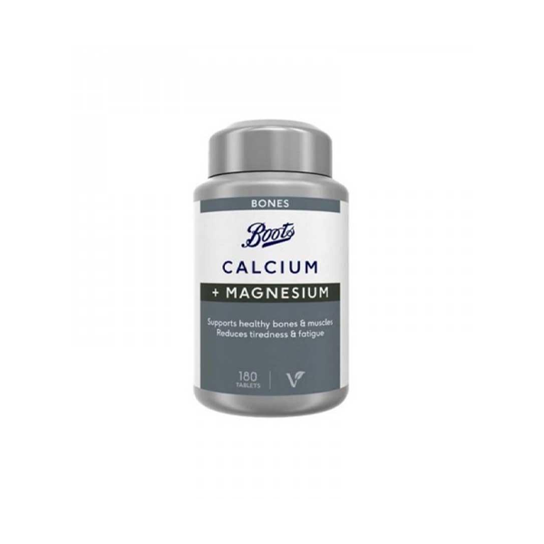 Boots Bones Calcium Plus Magnesium supplement, 180 tablets, promoting bone strength with calcium and magnesium.