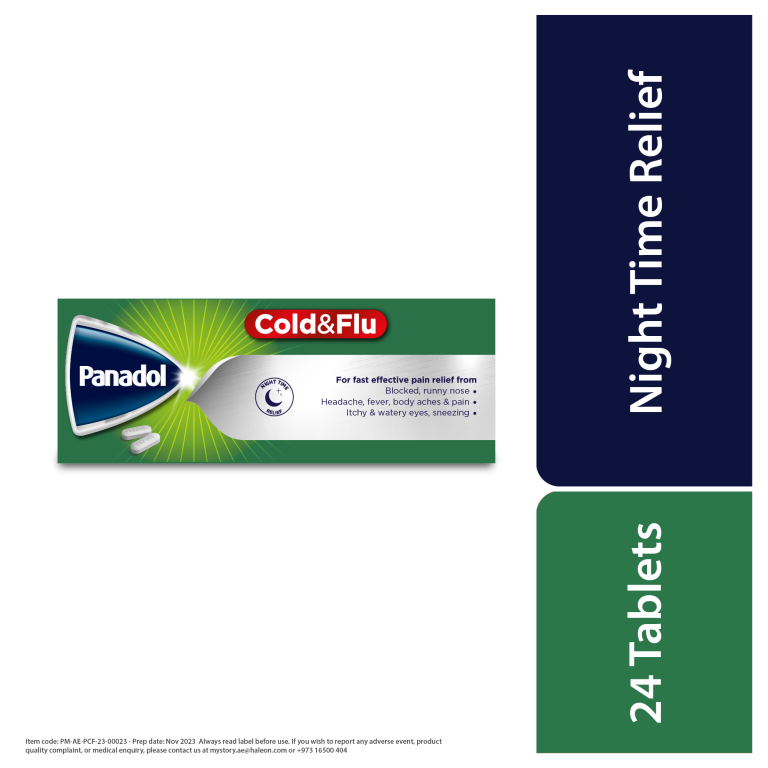 Panadol Cold+Flu Night Time tablets, 24 capsules, designed for cold and flu relief during nighttime.