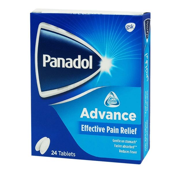 Panadol Advance pain relief tablets packaging, featuring 24 tablets for effective pain relief.