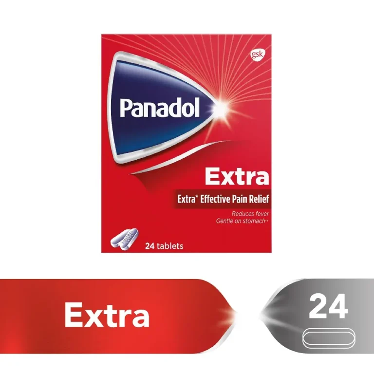 Panadol Extra pain relief tablets packaging, featuring 24 tablets for effective pain relief.