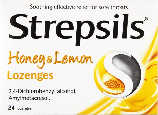 Strepsils Honey & Lemon lozenges pack containing 24 pieces, designed for soothing sore throats and providing relief.