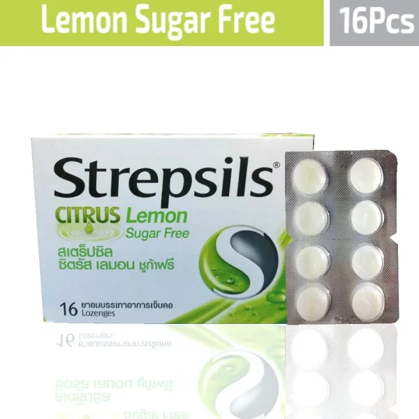 Sugar-free lemon tablets in a pack of 16, labeled as Strepsils Citrus Lemon for soothing throat relief.