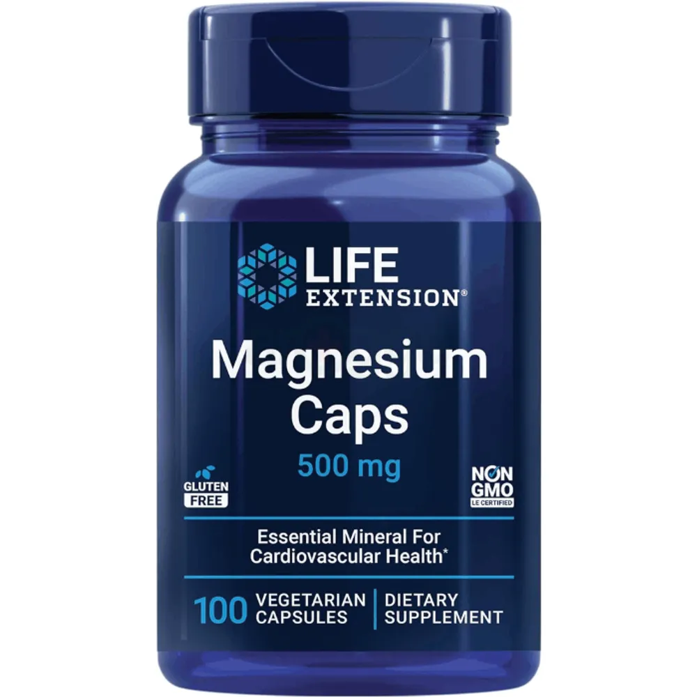 Life Extension Magnesium Caps 500 mg, 100 vegetarian capsules, designed to support overall health and wellness.