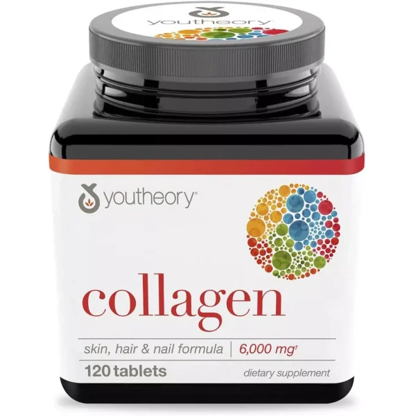 Youtheory Collagen supplement bottle with 120 tablets, each containing 6000 mg of collagen for skin and joint health.