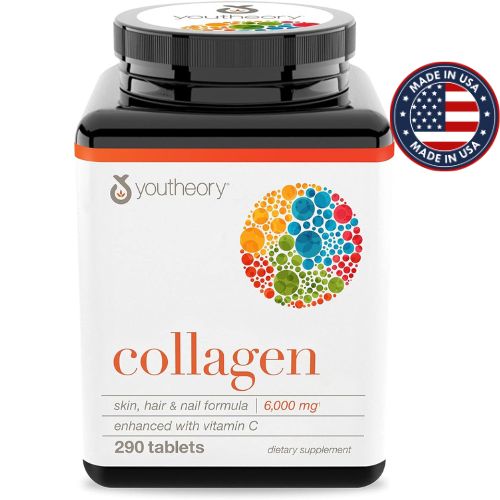 Youtheory Collagen supplement with 6000 mg, plus vitamin D and C, in a bottle of 290 tablets.