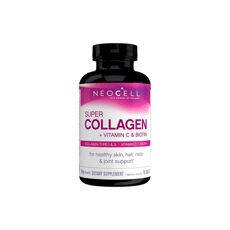 NeoCell Super Collagen tablets with Vitamin C and Biotin, packaged in a bottle containing 360 tablets for skin health.