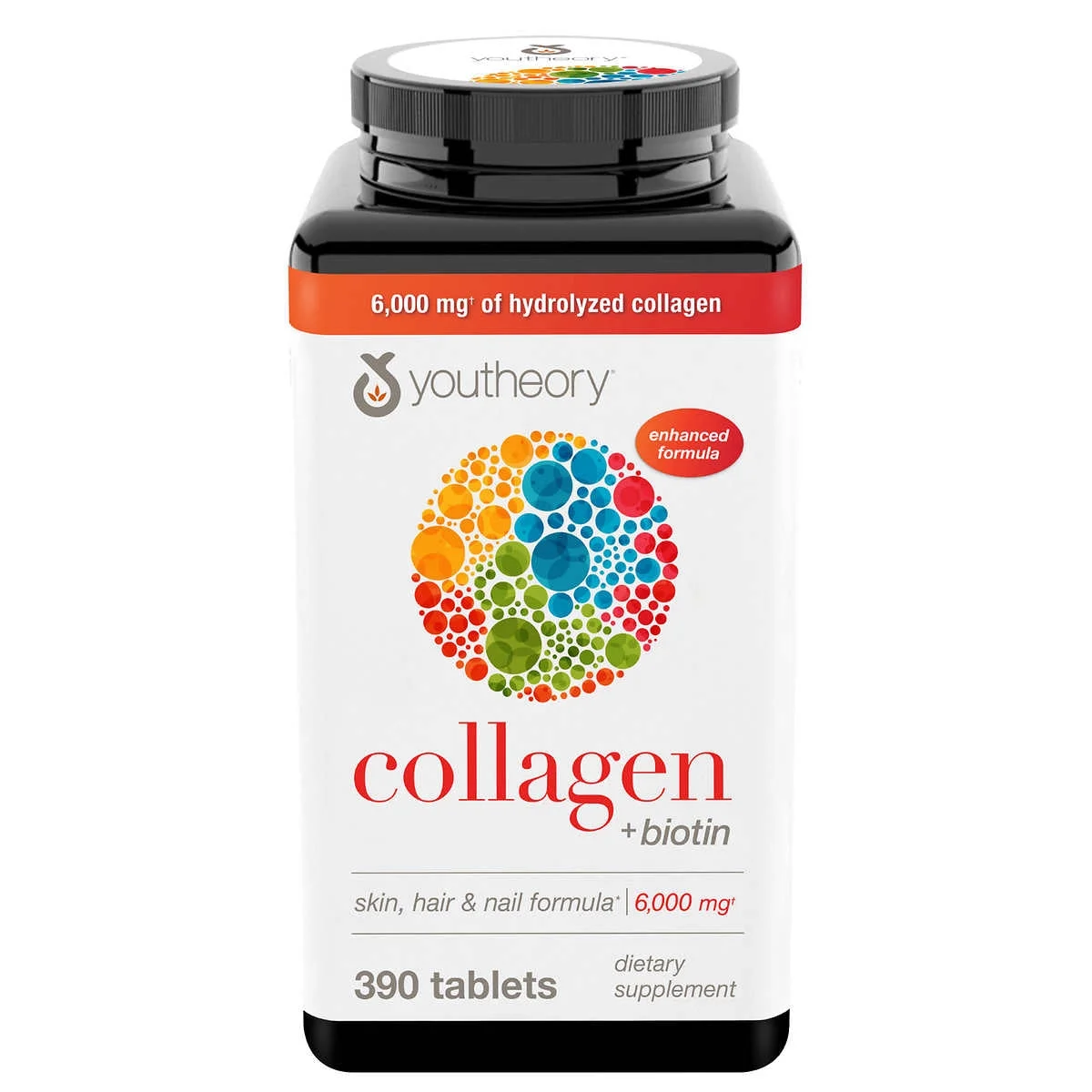 126 Youtheory Collagen+Biotin formula, 390 tablets, promotes healthy skin, hair, and nails with collagen bionutrients.