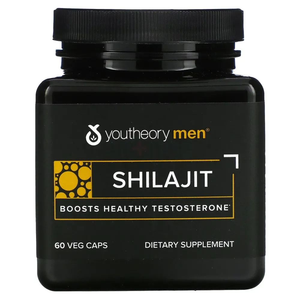 127 Youtheory Men Shilajit supplement bottle with 60 capsules, designed to boost healthy testosterone levels in men.