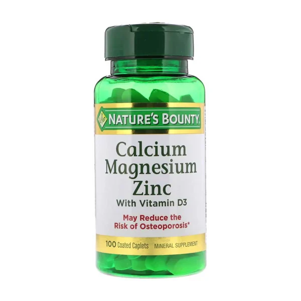 Nature’s Bounty Calcium Magnesium Zinc with Vitamin D3, 100 softgels, promoting bone and immune health.