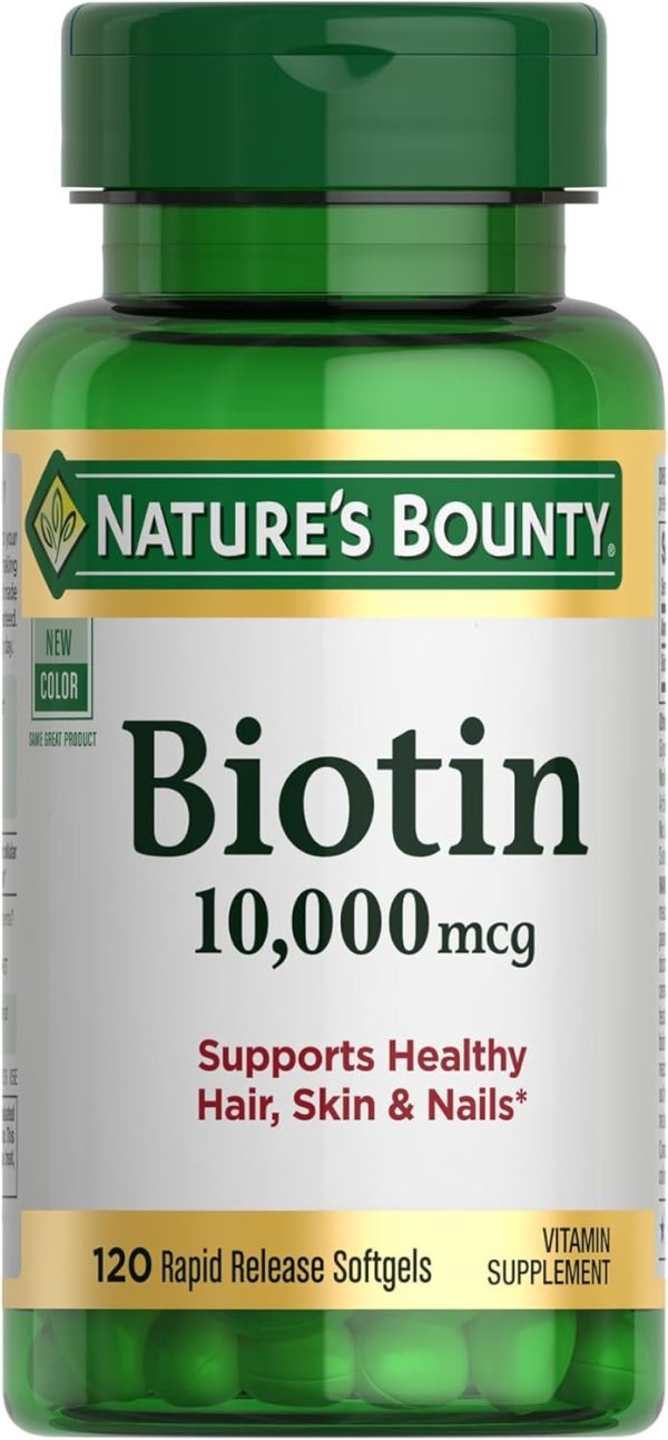 Nature's Bounty Biotin 1000 mg supplement, 120 softgels, supports healthy hair, skin, and nails.