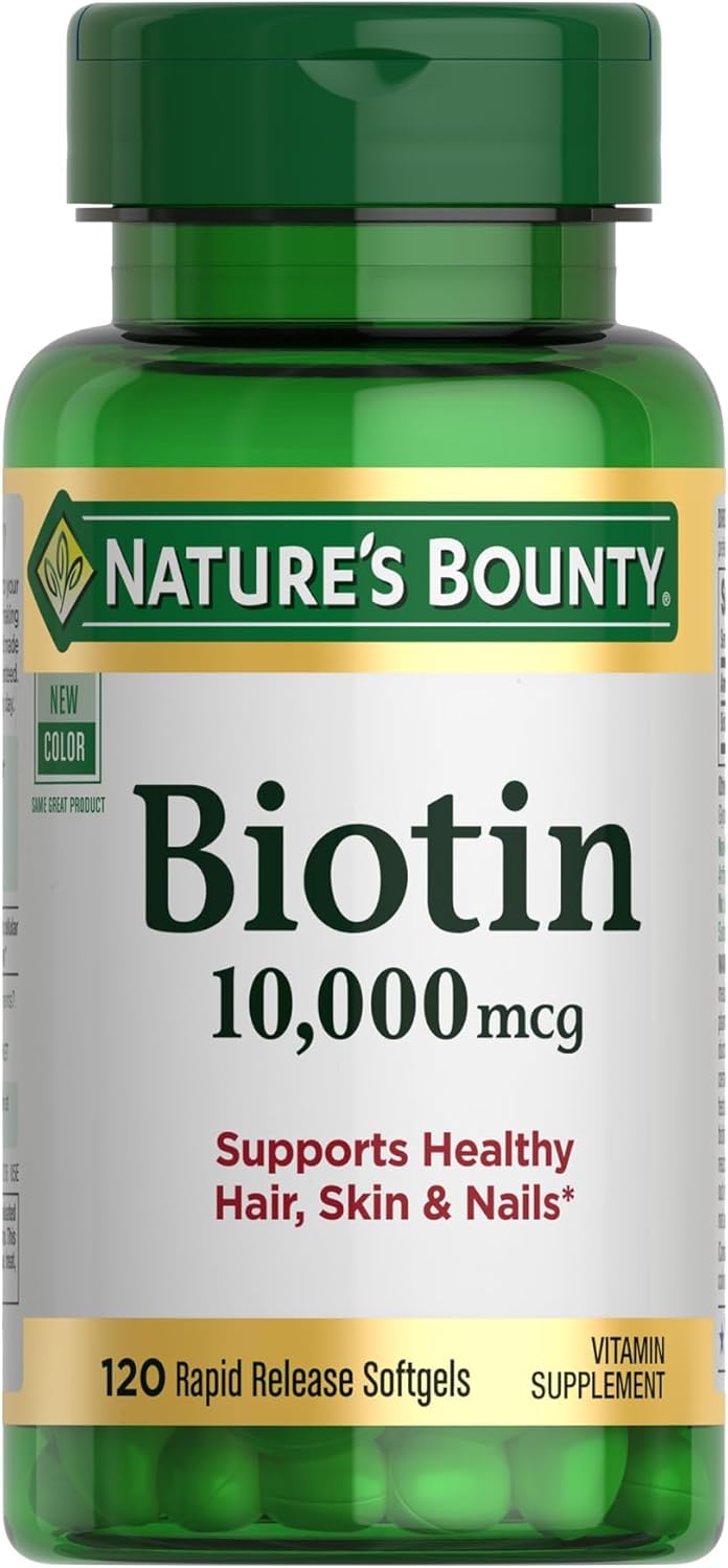 Nature's Bounty Biotin 1000 mg supplement, 120 softgels, supports healthy hair, skin, and nails.