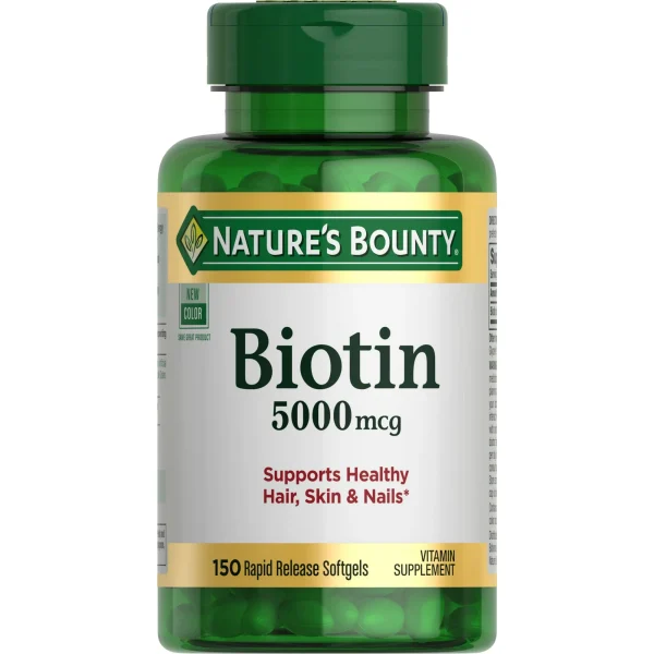 Nature's Bounty Biotin 5000mcg supplement bottle with 150 capsules for healthy hair, skin, and nails.