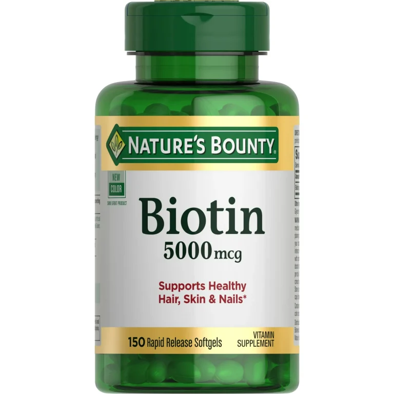 Nature's Bounty Biotin 5000mcg supplement bottle with 150 capsules for healthy hair, skin, and nails.