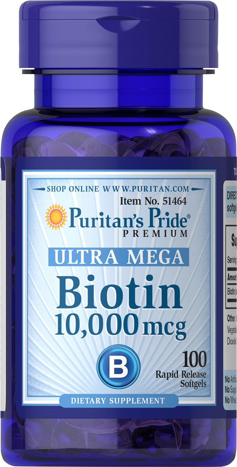 Puritan's Pride Ultra Mega Biotin 10000 mg supplement bottle with 100 capsules, promoting healthy hair, skin, and nails.