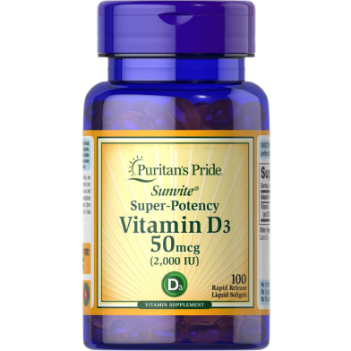 Puritan's Pride Super Potency Vitamin D3 50 mcg (2000 IU) in a bottle of 100 capsules for immune support and bone health.