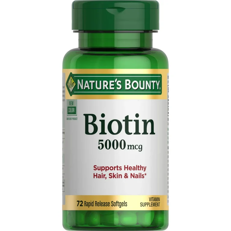 Nature's Bounty Biotin 5000mcg supplement bottle with 72 capsules, promoting healthy hair, skin, and nails.
